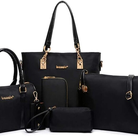 Nylon 6 PCS Women Shoulder Bag Top-Handle Handbag Tote Purse Wallet Key Case Set - Picture 1 of 9